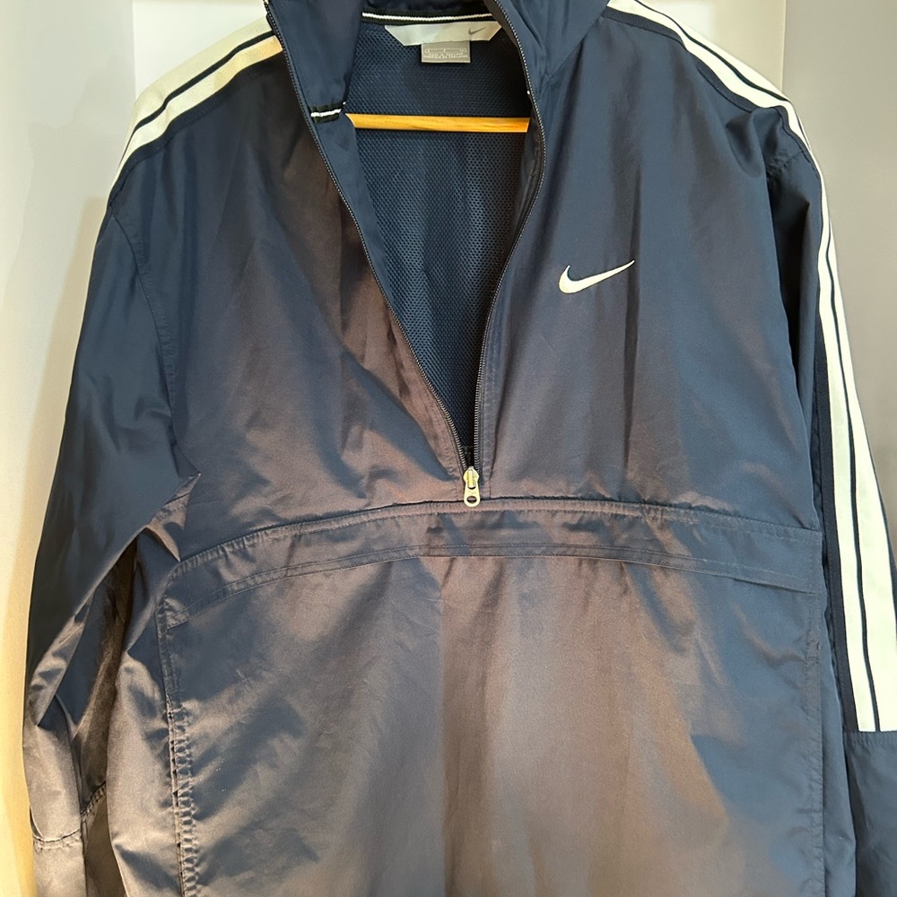 Nike Men's Dark Blue Windbreaker with White Accents